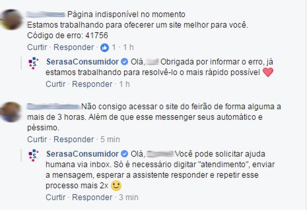 Consumidores não conseguem acessar o site do Feirão da Serasa e reclamam na página da empresa no Facebook (Foto: Reprodução/Facebook)