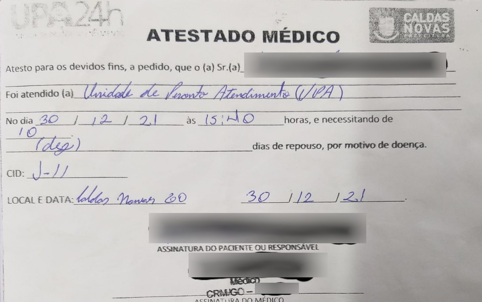 Atestado médico falso apresentado por trabalhador em empresa de Caldas Novas — Foto: Reprodução/TV Anhanguera