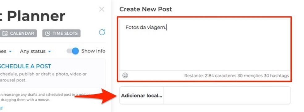 Ação para definir a legenda de um carrossel de fotos do Instagram criado com a extensão INSSIS para Chrome — Foto: Reprodução/Marvin Costa