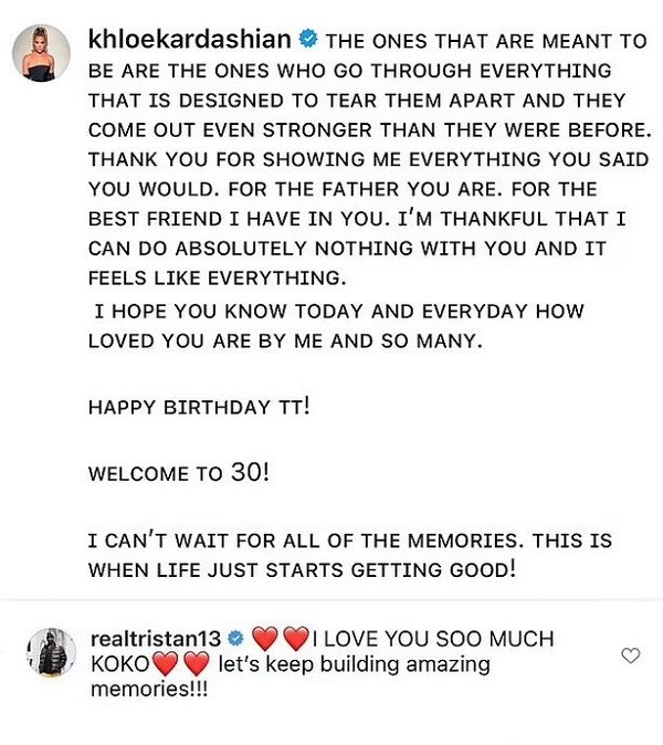 A troca de declarações de amor entre Khloé Kardashian e Tristan Thompson em março de 2021 (Foto: Instagram)