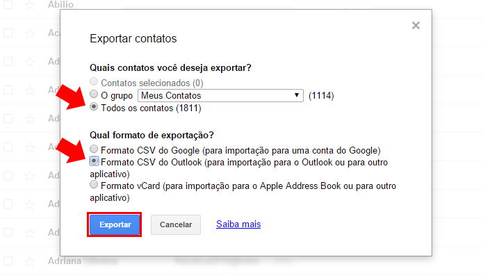 Selecione os contatos e o formato aceito pelo Outlook (Foto: Reprodução/Paulo Alves)