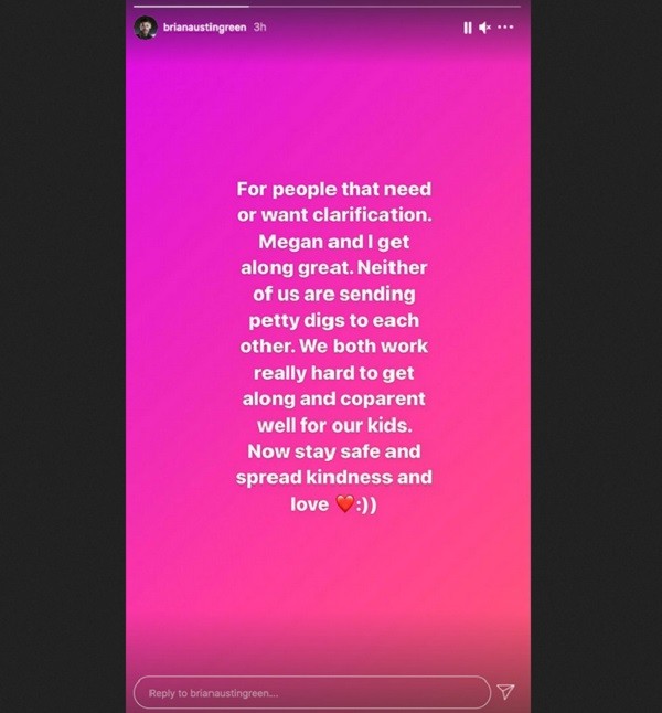 O post do ator Brian Austin Green tratando da suposta alfinetada de sua ex, Megan Fox, em foto dele com a nova namorada (Foto: Instagram)