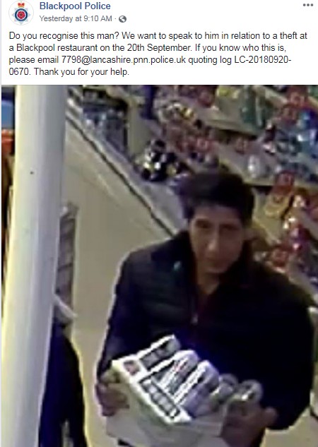 David Schwimmer é confundido com suspeito de roubo (Foto: Blackpool Police/Facebook/Reprodução)