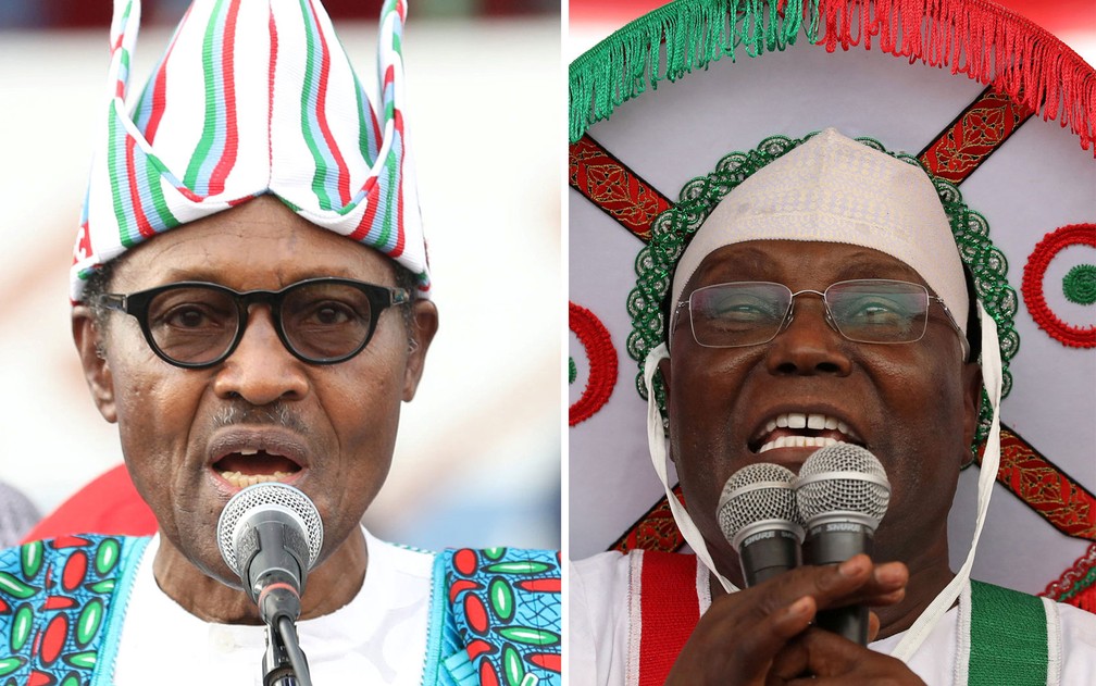 O presidente da NigÃ©ria, Muhammadu Buhari (esquerda), e seu principal opositor, Atiku Abubakar, ambos candidatos nas eleiÃ§Ãµes presidenciais  â€” Foto: Reuters/Luc Gnago /Temilade Adelaja
