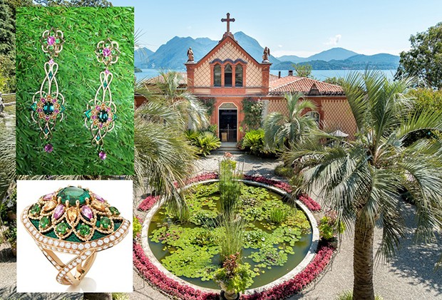 Inspiration for Mellerio’s latest collection comes from Isola Madre, one of three small islands on Lake Maggiore with magnificent gardens and palaces acquired in the 16th century by a family of bankers who still own them today. Top left: delicate interlaced earrings evoke the style at the beginning of the 19th century and are inspired by a drawing from 1830; Bottom left: around the central emerald, this ring features tourmalines, tsavorites, enamel and delicate guillochage patterns. (Foto: MELLERIO DITS MELLER)