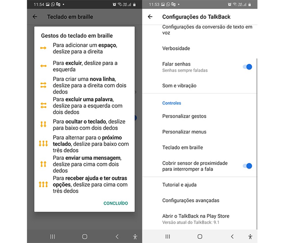 Teclado em braille do TalkBack é voltado para usuários com deficiência visual — Foto: Reprodução/Marcela Franco