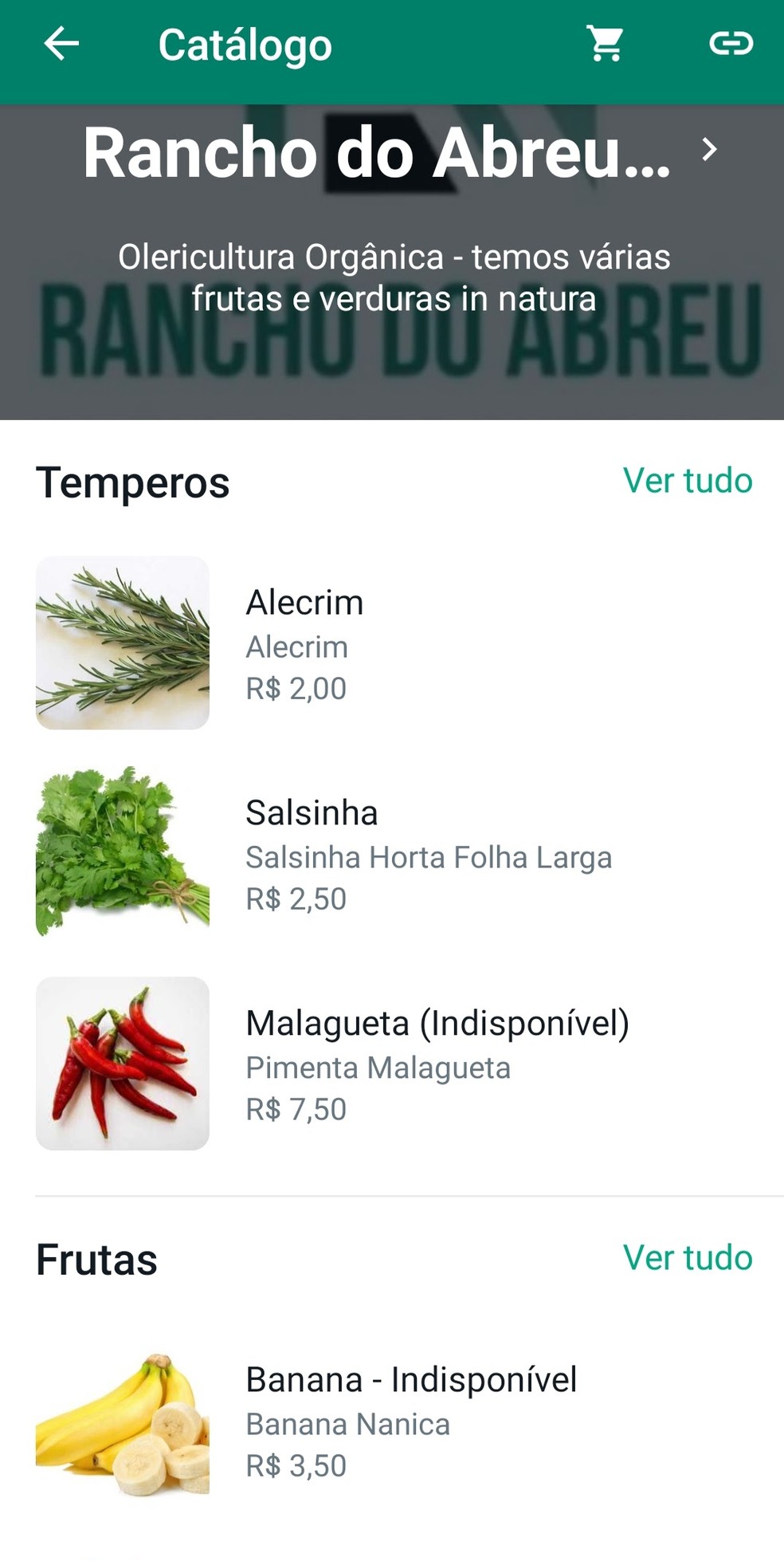 Exemplo de uma parte do catálogo de produtos disponível no WhatsApp comercial de um produtor que vende orgânicos — Foto: Reprodução WhatsApp