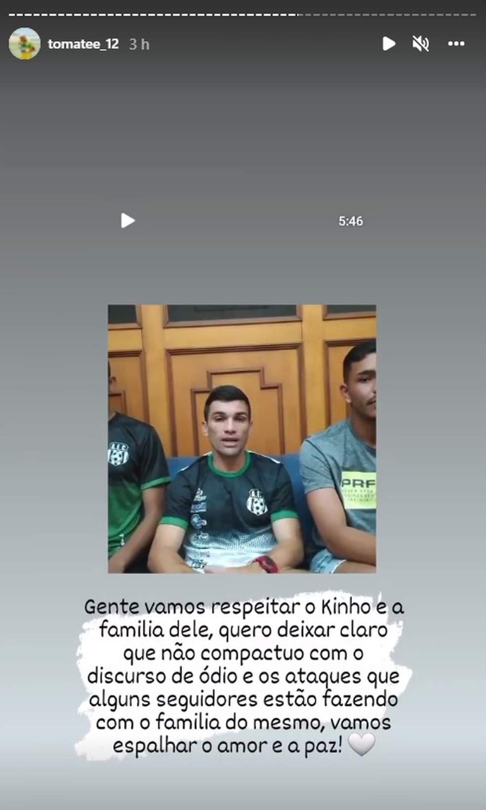 Goleiro Tomate pede que cessem ataques ao técnico Kinho Brito, do Andirá — Foto: Reprodução/Instagram