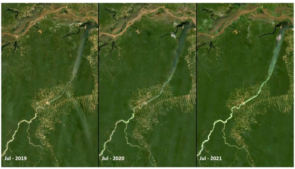 Imagens de satélite mostram o avanço da pluma de sedimentos dos garimpos no rio Tapajós em julho de 2019, 2020 e 2021 — Foto: Observatório do Clima