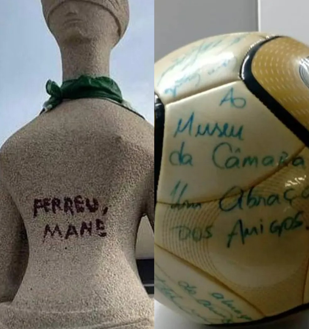 Mulher que pichou 'perdeu, mané' em estátua do STF e homem que roubou bola autografada por Neymar são alvos da PF — Foto: Montagem/g1
