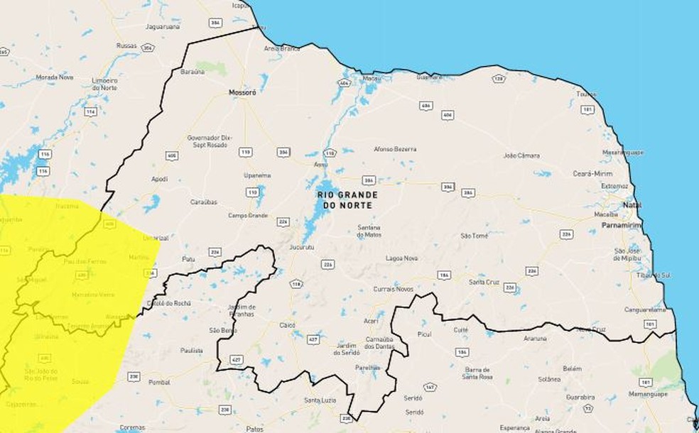 Área em amarelo é a que tem alerta para baixa umidade — Foto: Reprodução/Inmet