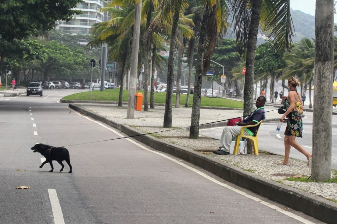 Paula Burlamaqui caminha com cachorro por São Conrado (Foto: Daniel Delmiro/AgNews)