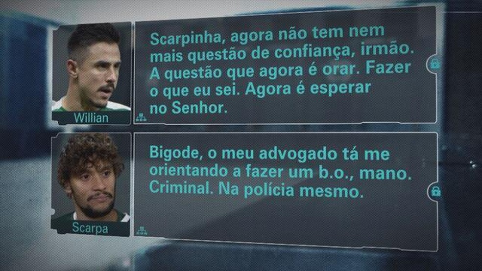 Gustavo Scarpa avisou Willian Bigode de que iria registrar queixa na polícia sobre a empresa do atacante — Foto: TV Globo/Reprodução