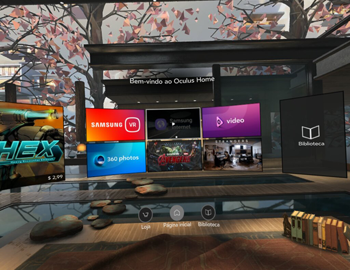 A interface Oculus Home é a principal tela de comando do GearVR: por ela, você pode abrir e gerenciar seus apps e acessar a loja (Foto: Reprodução/Filipe Garrett)