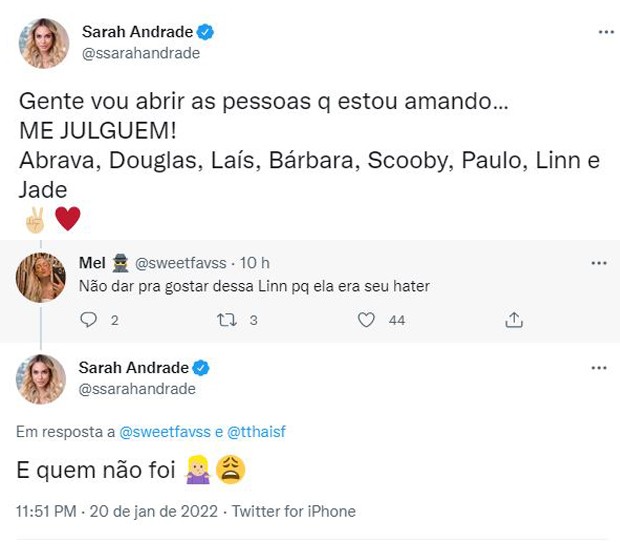Sarah Andrade defende Linn da Quebrada no Twitter (Foto: Reprodução / Twitter)
