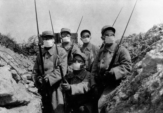 Soldados francesas utilizando máscaras cirúrgicas durante a Primeira Guerra Mundial (Foto: Getty Images  )
