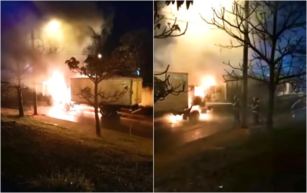 Caminhão pega fogo em pátio improvisado da Polícia Civil de Boituva  — Foto: Jornal Cidade de Boituva/ Reprodução 