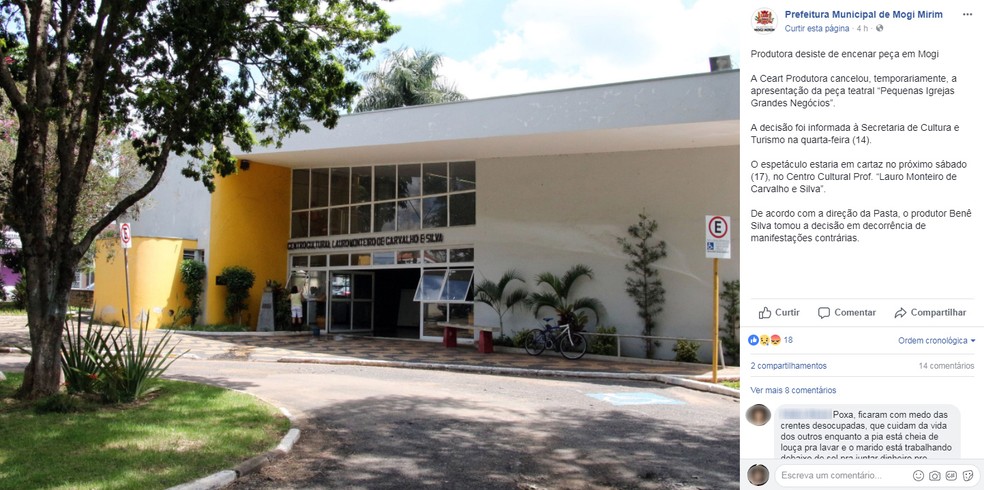 Em nota, Prefeitura de Mogi Mirim (SP) informa que produtora cancelou o espetáculo programado para sábado (17) (Foto: Reprodução/Facebook)