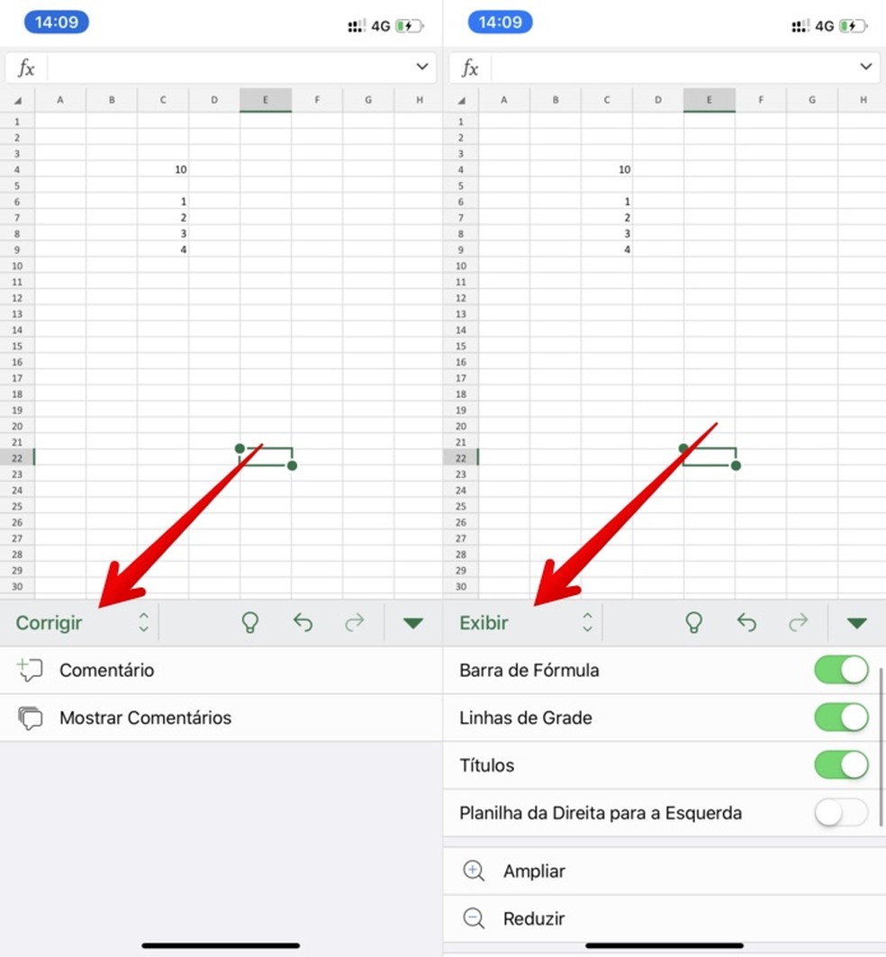 Alterando configurações de exibição no Excel para celular — Foto: Reprodução/Helito Beggiora