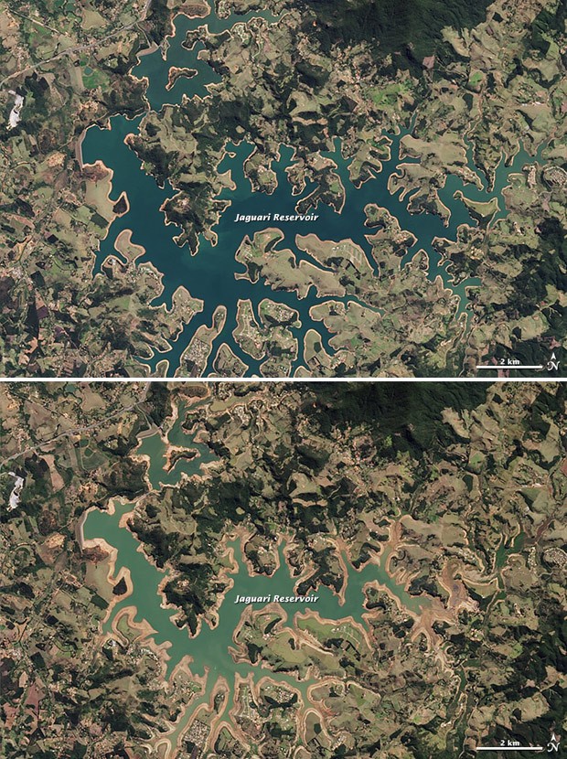 Imagem de cima mostra represa de Jaguari em 16 de agosto de 2013 e imagem de baixo mostra mesma represa em 3 de agosto de 2014 (Foto: NASA Earth Observatory image by Jesse Allen, using Landsat data from the U.S. Geological Survey.)
