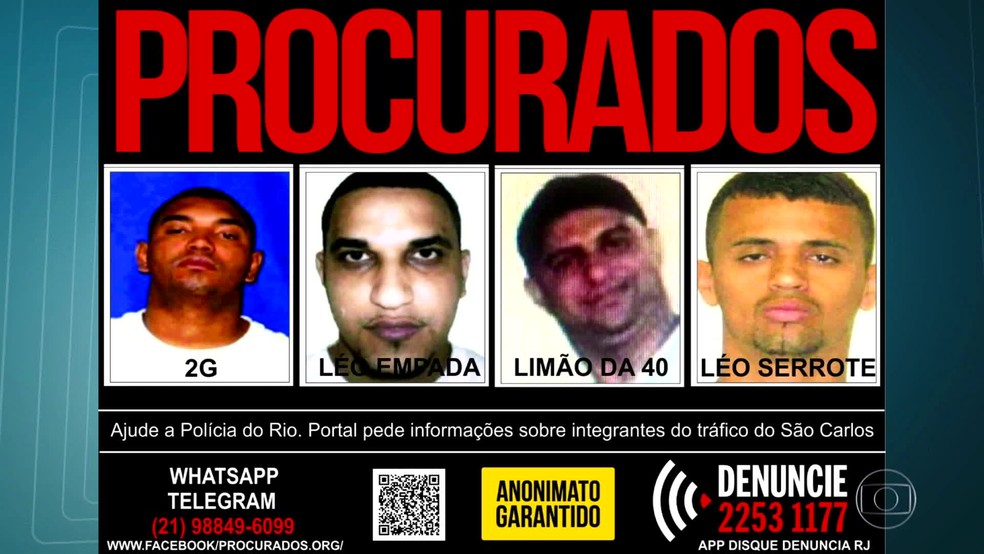 Disque Denúncia pede informações sobre integrantes do tráfico de drogas no Morro de São Carlos. (Foto: Reprodução/ TV Globo)