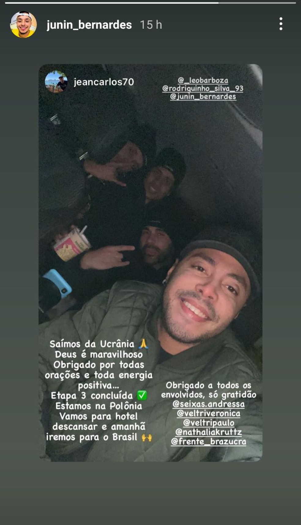 Juninho Bernardes publicou a chegada à Polónia nas redes sociais  — Foto: Reprodução/Redes sociais 
