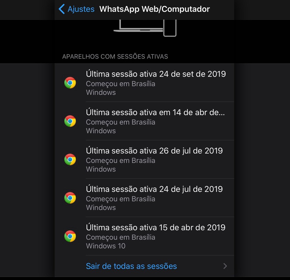 Dados de sessões do WhatsApp podem aparecer cortados dependendo da orientação da tela. — Foto: Reprodução