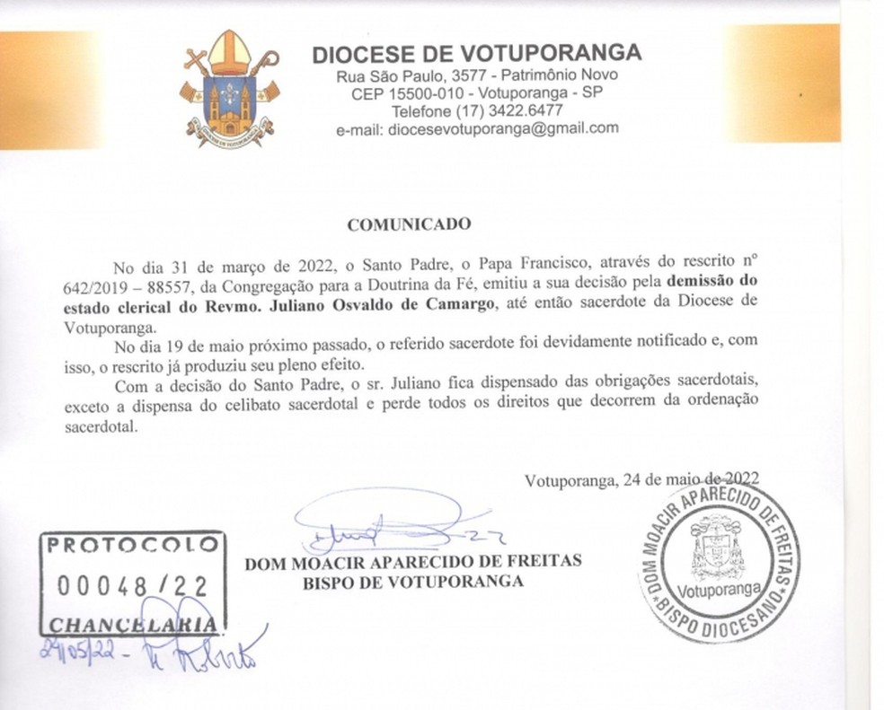 Comunicado foi divulgado pela Diocese de Votuporanga (SP) — Foto: Diocese de Votuporanga/Divulgação
