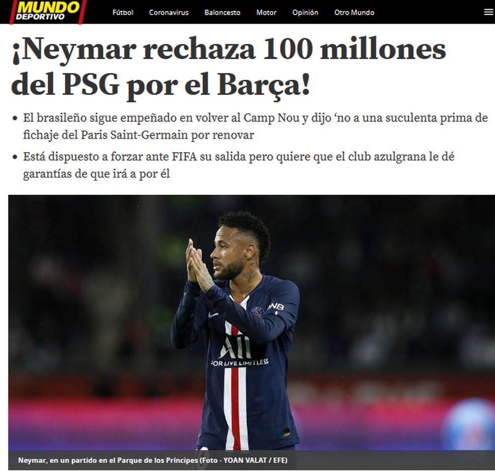 Manchete do Mundo Deportivo: Neymar recusou bolada do PSG — Foto: Reprodução