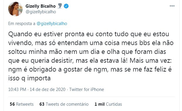 Gizelly Bicalho exalta amizade com Marcela McGowan e fala de sua saúde mental (Foto: Reprodução/Twitter)