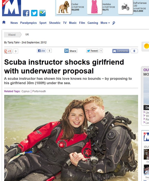 Ollie Meaden surpreendeu sua namorada, Hayley Short, ao pedi-la em casamento durante mergulho. (Foto: Reprodução/Metro)