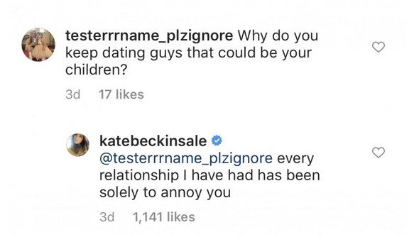A resposta da atriz Kate Beckinsale para um seguidor que perguntou sobre seus relacionamentos com homens mais novos (Foto: Instagram)