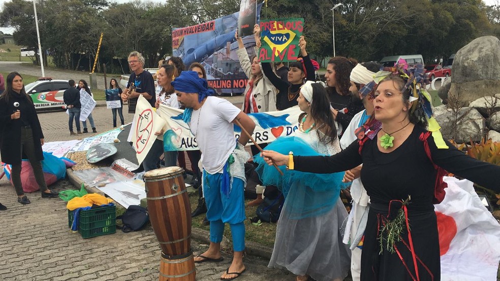 Protesto contra a liberação da caça comercial às baleias durante evento em Florianópolis. — Foto: Marcos Schmitt/NSC TV