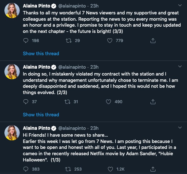 Os tuítes da apresentadora de jornal Alaina Pinto sobre sua demissão após participar de um filme de Adam Sandler (Foto: Twitter)