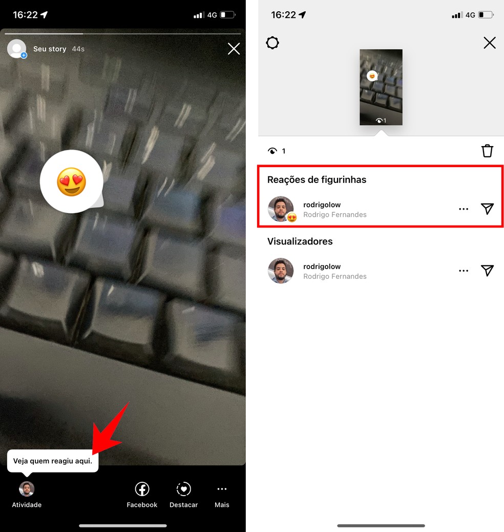 É possível ver quem reagiu ao story do Instagram — Foto: Reprodução/Rodrigo Fernandes