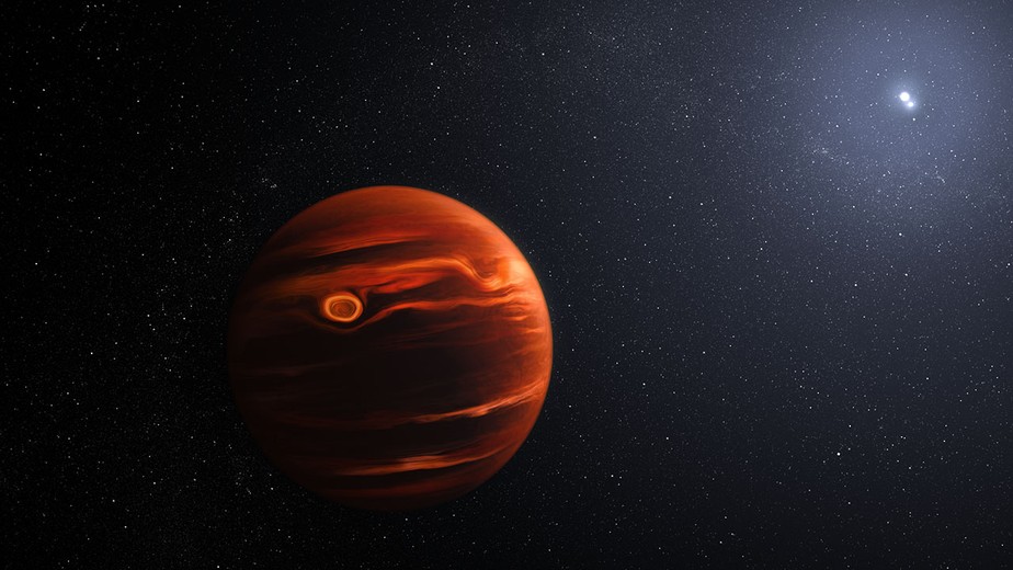 Ilustração mostra o planeta VHS 1256 b com o par de estrelas binárias que orbita ao fundo
