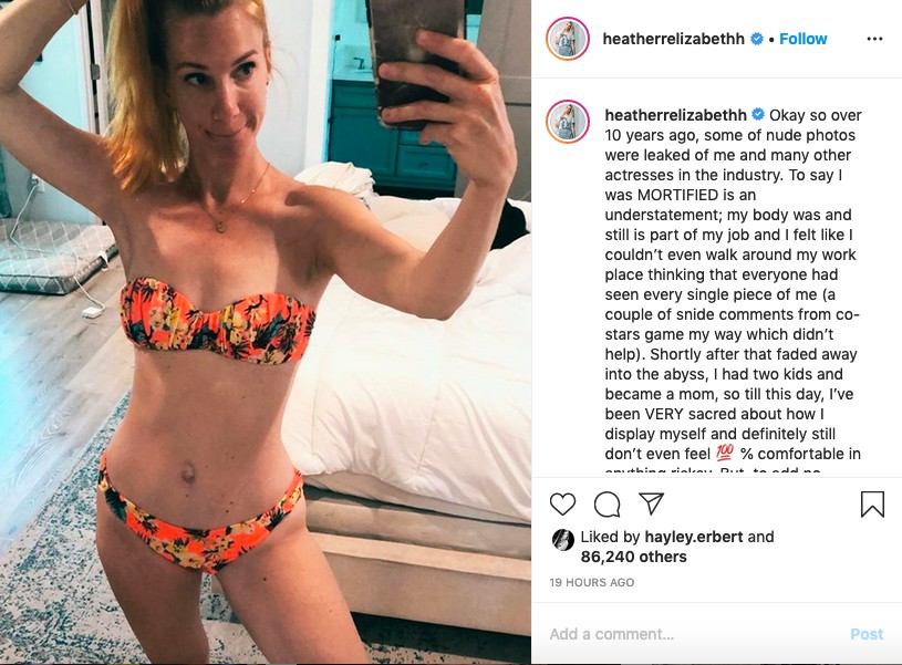 O post no qual a atriz Heather Morris falou sobre seus traumas com o vazamento de suas fotos íntimas em 2012 (Foto: Instagram)