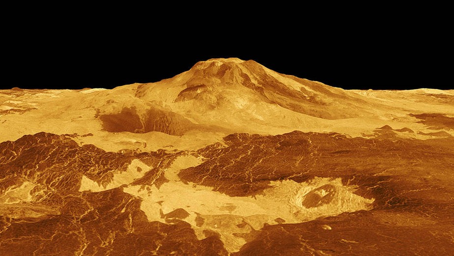 Modelo 3D gerado por computador da superfície de Vênus mostra o cume de Maat Mons, o vulcão que está exibindo sinais de atividade
