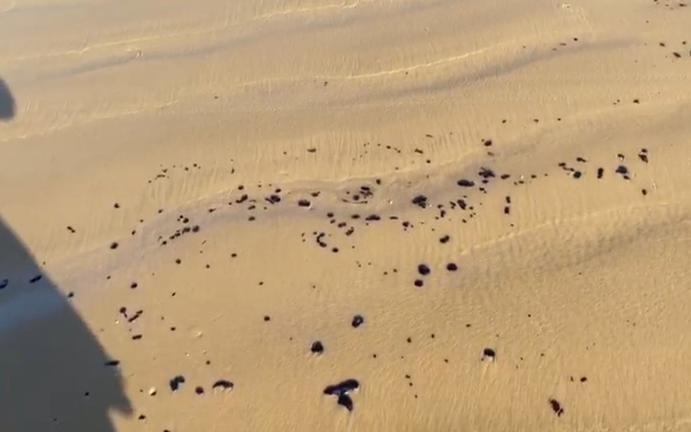 Manchas de óleo na Praia da Cinelândia, em Aracaju — Foto: Rodrigo Costa