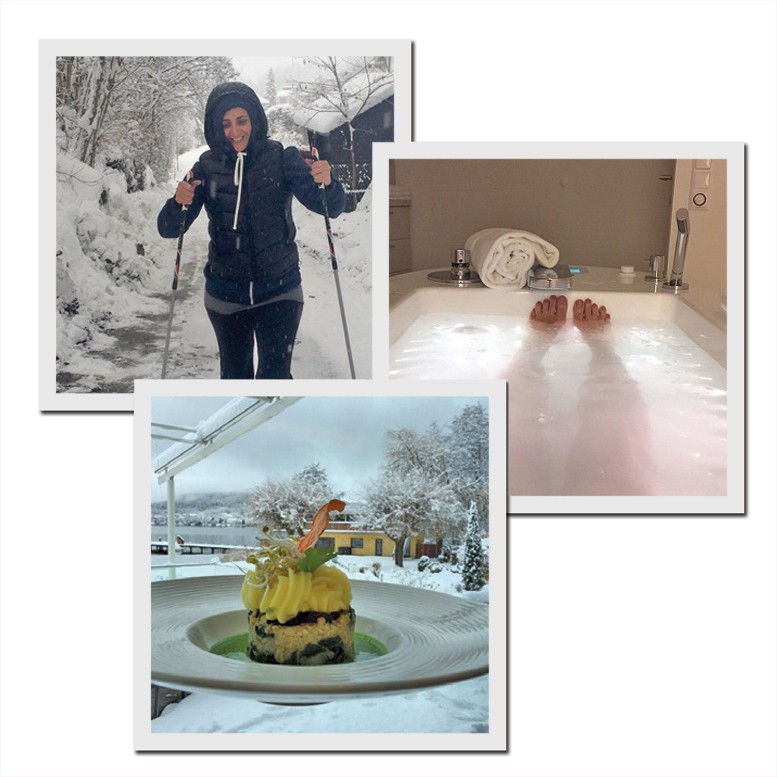 Nordic Walking, atividade física obrigatória na neve. Banho de sais com cromoterapia para começar o dia. Pequenas delícias: atum, purê de batata e cenoura no almoço. (Foto: Mario Testino/Art And Partner e Reproduções Do Instagram)