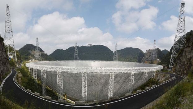 O FAST (na foto) é capaz de captar ondas de rádio em uma área duas vezes maior que o telescópio Arecibo, em Porto Rico (Foto: Getty Images via BBC News)