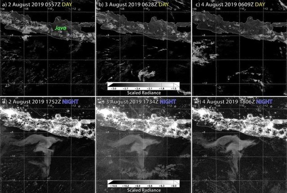 Imagem do evento publicada no relatório científico da equipe Miller na Nature Scientific Reports, em julho de 2021, comparando as visualizações de satélite diurnas e noturnas — Foto: STEVE MILLER/NOAA