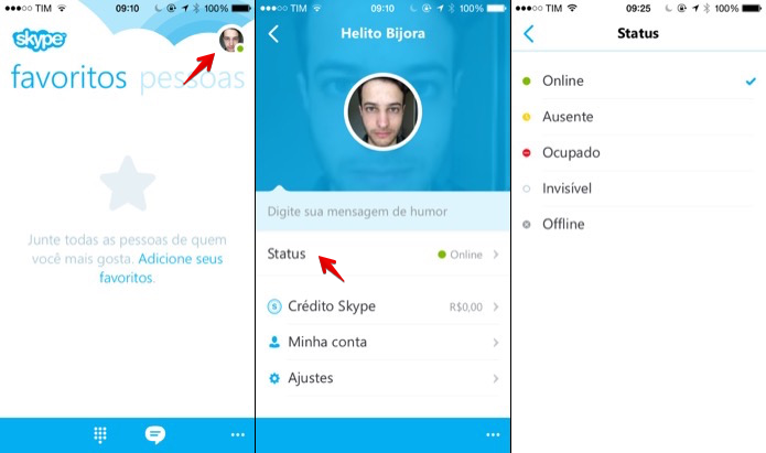 Alterando o status do Skype no iOS (Foto: Reprodu??o/Helito Bijora) 