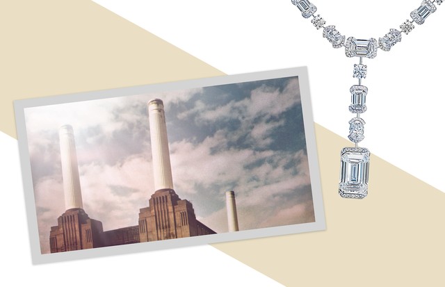 A usina termelétrica de Battersea e, à direita, o colar da De Beers inspirado na construção (Foto: Shutterstock, Divulgação e Reprodução Instagram)