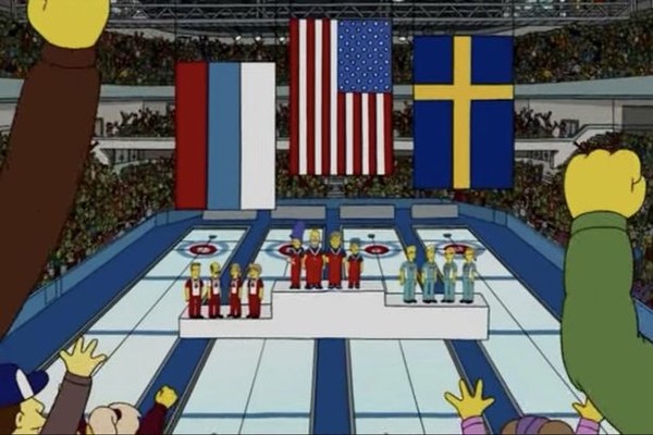 O pódio das Olimpíadas de Inverno de 2010 de Os Simpsons no qual Homer e Marge ficam com o ouro do curling com a equipe da Suécia em segundo (Foto: Reprodução)