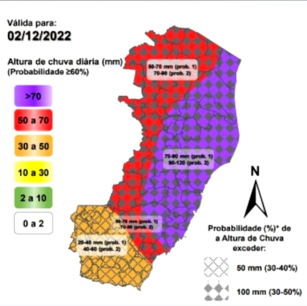 Mapa mostra alerta de chuva forte até sexta-feira — Foto: Reprodução/TV Gazeta