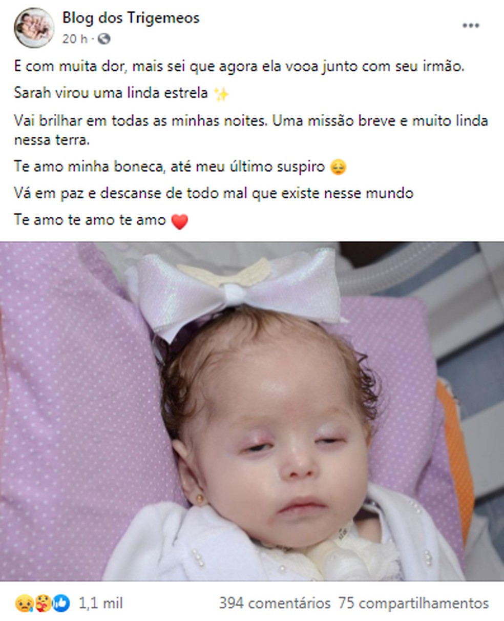 Mãe lamentou a morte de Sarah nas redes sociais — Foto: Facebook/Reprodução