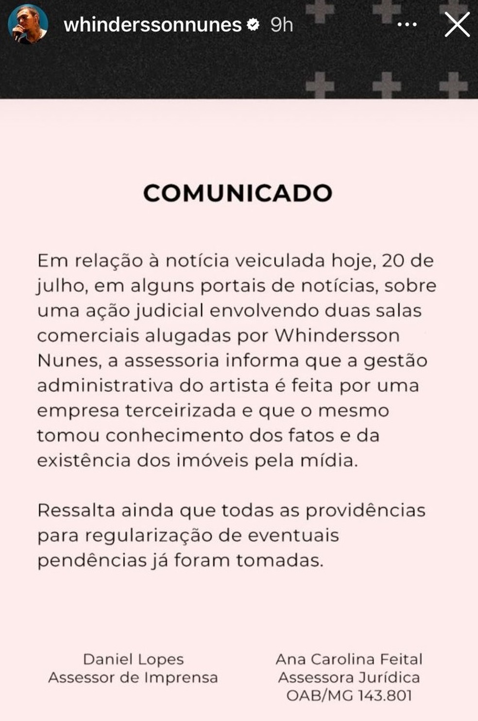 Comunicado postado pelo humorista Whindersson Nunes após ação de despejo na cidade de São Paulo.  — Foto: Reprodução/Instagram