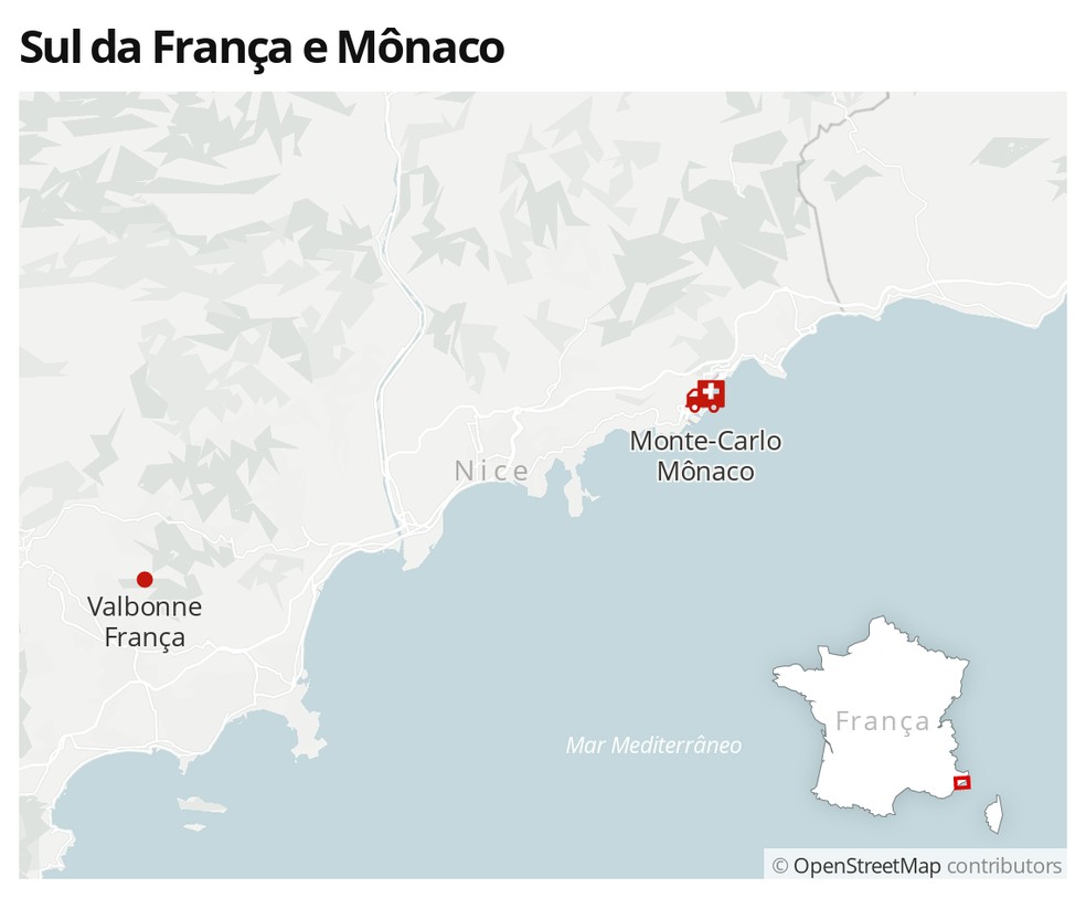 Mapa mostra a região Sul da França e o Principado de Mônaco — Foto: G1