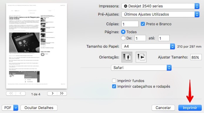 Imprimindo um documento pelo Mac (Foto: Reprodução/Helito Bijora) 
